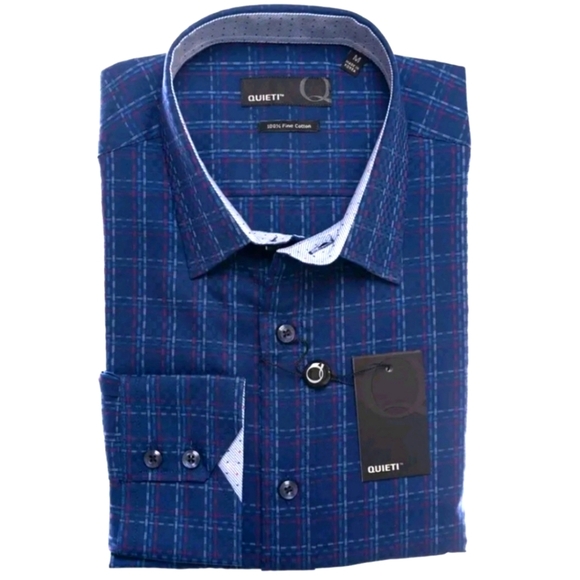 NEW Quieti Mens Dobby Plaid Flip Cuff Fine Cotton Shirt  Med Dress Luxurious - Picture 1 of 15